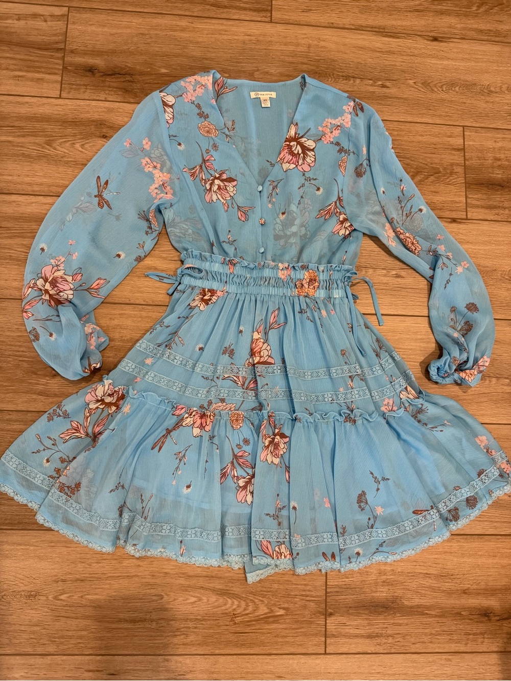 Versona Blue Floral Tiered Long-Sleeve Dress
